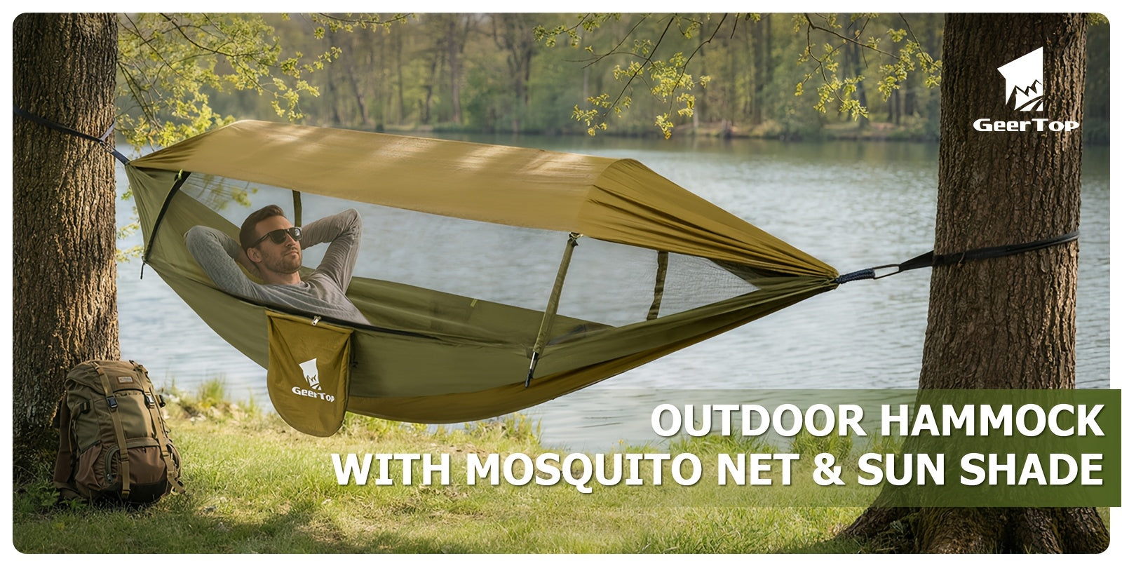 GEERTOP 3in 1 Outdoor Hammock with Mosquito Net Sun Shelter, Double Sleep Rest Camping Hammock for Backpacking Travel Garden Park