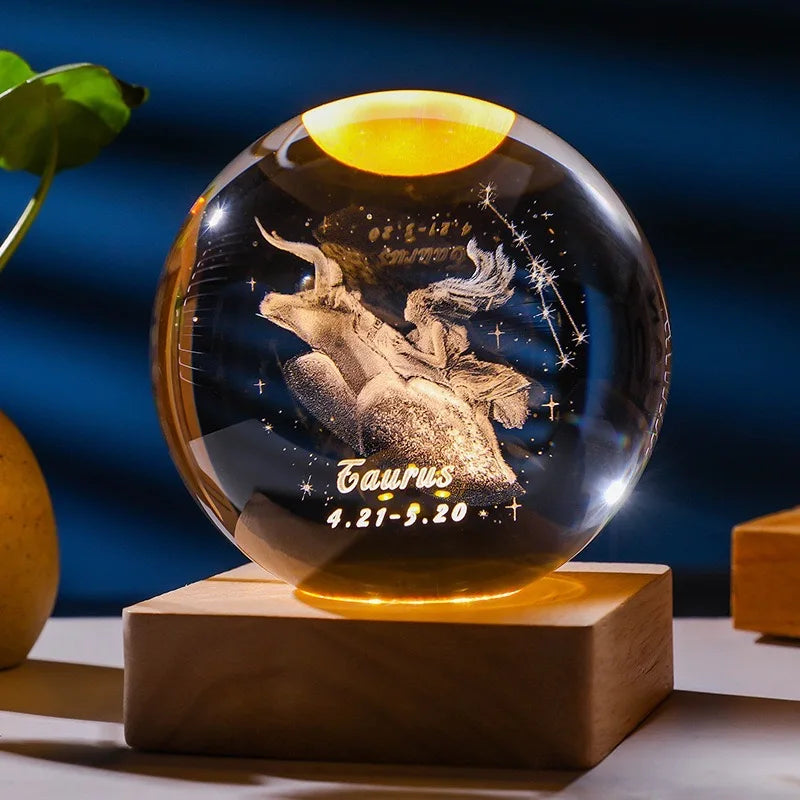 12 Constellations 12 Zodiac Signs 6cm 8cm Solar System Moon Saturn Planet Sphere 3D Laser Engraved Crystal Ball LED Light