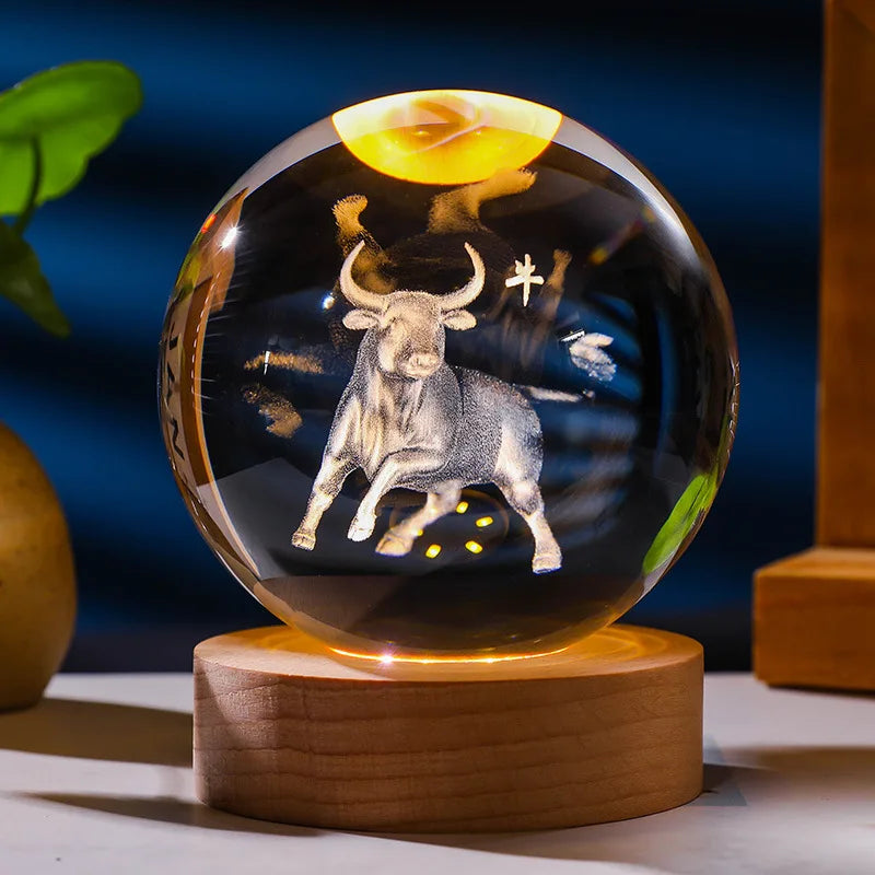 12 Constellations 12 Zodiac Signs 6cm 8cm Solar System Moon Saturn Planet Sphere 3D Laser Engraved Crystal Ball LED Light
