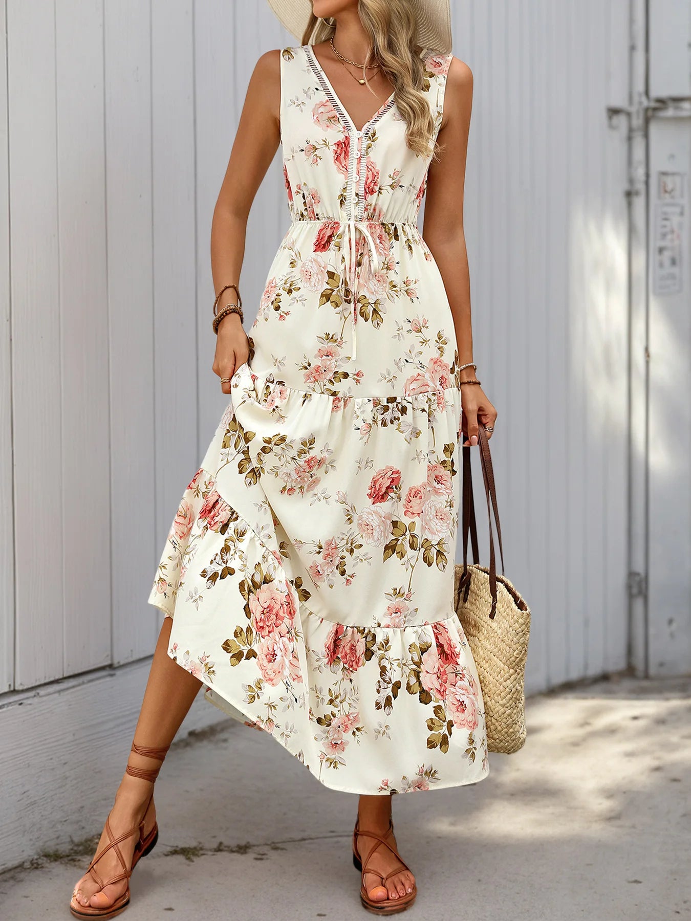 Elegant Floral Print Dress For Women Fashion Bohemian Style Sleeveless Button Vestidos Female Casual V-neck A-line Dresses