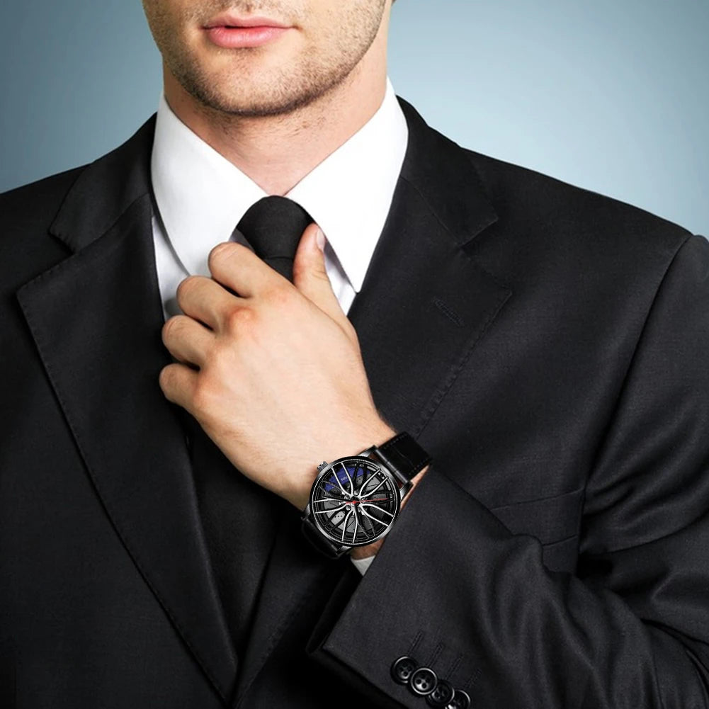 Cool And Cool Fashion Clock Leather Men's Quartz Wristwatch Dial Sport Car Rim Wheel Hub Business Luxury Sports Wrist Watches