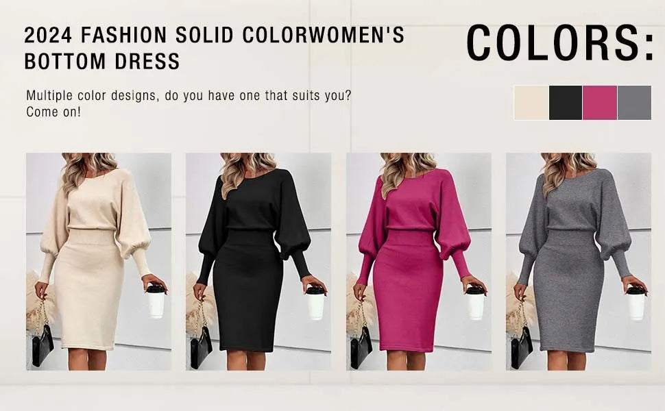 Women Dress Solid Color Knitted Dresses Woolen Round Neck Long Sleeved Waist Cinching Slimming Hip Hugging Midi Dress ropa mujer