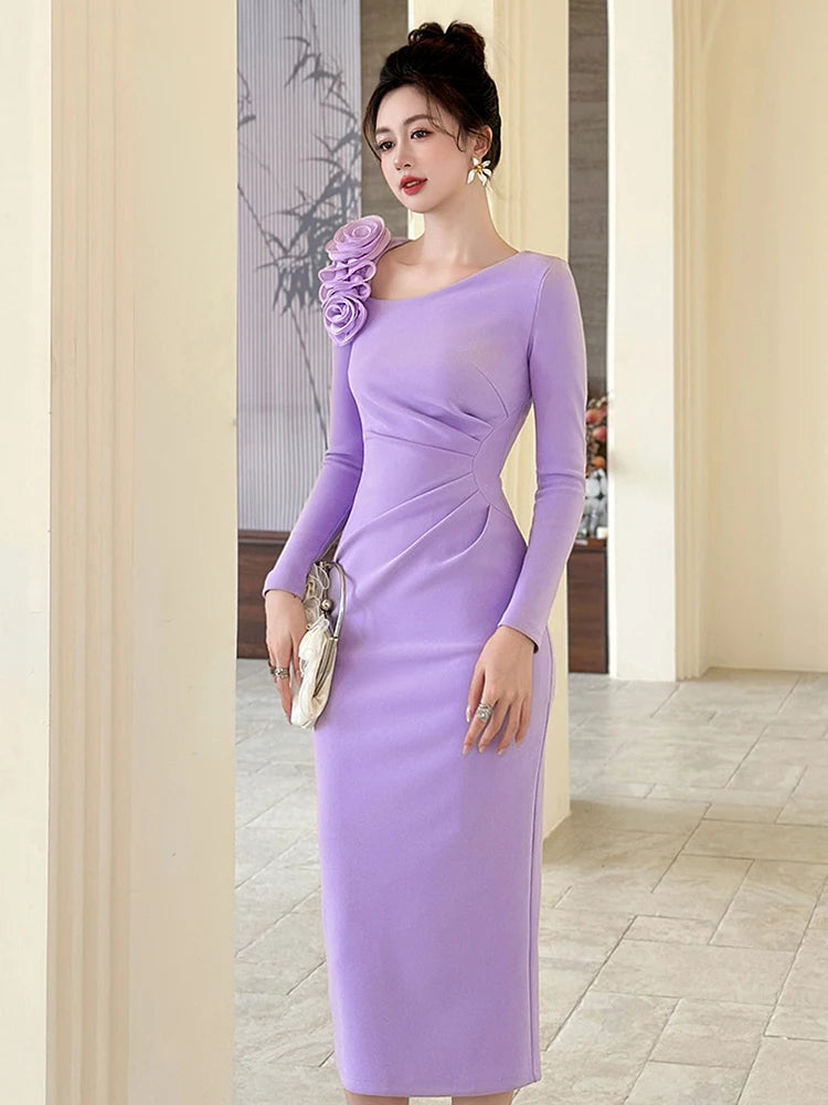 Banquet Dress for Women Elegant Sweet 3D Flower Bodycon Midi Robe Female Party Prom Vestidos Evening Gown Lady