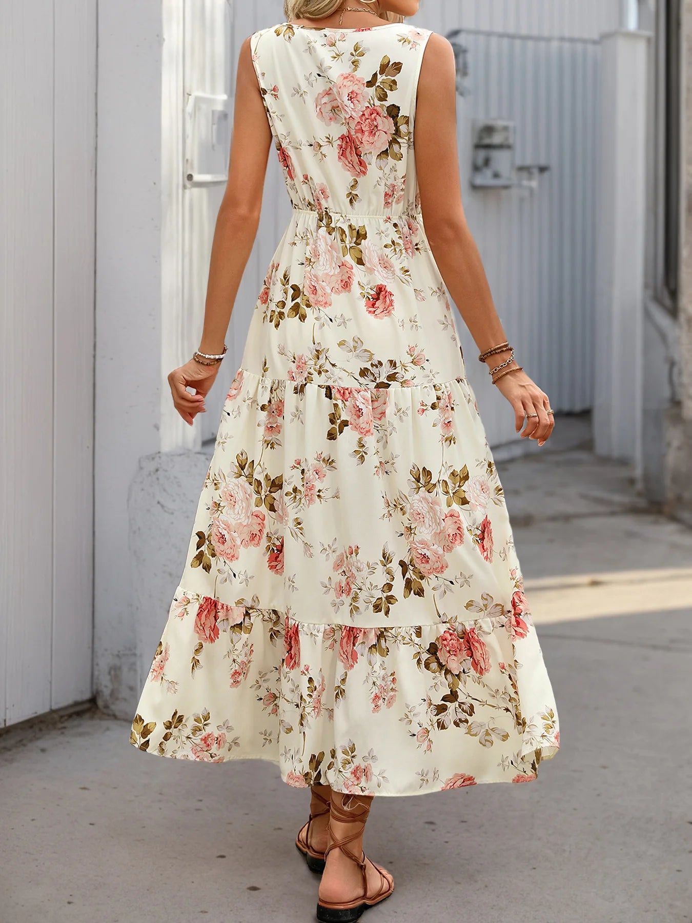 Elegant Floral Print Dress For Women Fashion Bohemian Style Sleeveless Button Vestidos Female Casual V-neck A-line Dresses