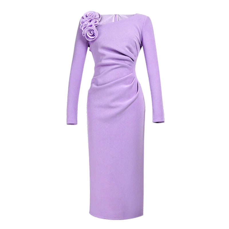 Banquet Dress for Women Elegant Sweet 3D Flower Bodycon Midi Robe Female Party Prom Vestidos Evening Gown Lady