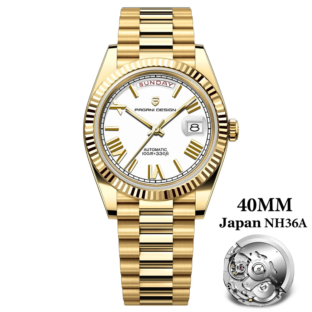 PAGANI DESIGN DD40 Gold White Date Week Luxury Automatic Watches Men TMI NH36A AR Sapphire crystal Mechanical Wristwatch For Men