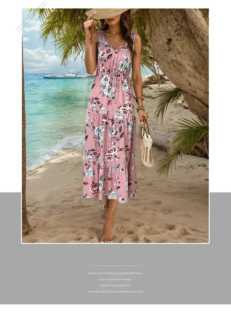 Elegant Floral Print Dress For Women Fashion Bohemian Style Sleeveless Button Vestidos Female Casual V-neck A-line Dresses
