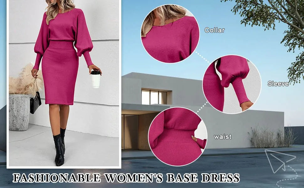 Women Dress Solid Color Knitted Dresses Woolen Round Neck Long Sleeved Waist Cinching Slimming Hip Hugging Midi Dress ropa mujer