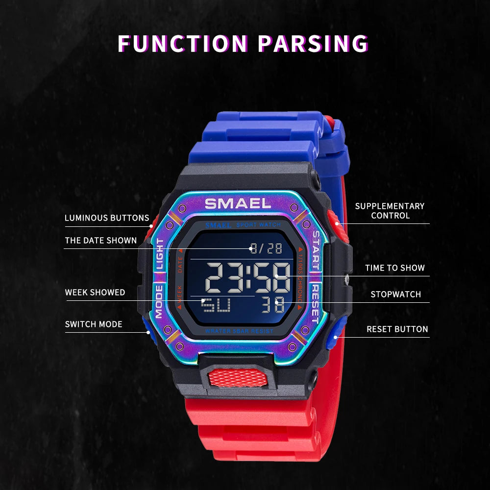 SAMEL Classic Digital Watch Men Fashion Rectangle Waterproof 50M Japan Movement Chronograph Men's Watches Alarm Clock 8059