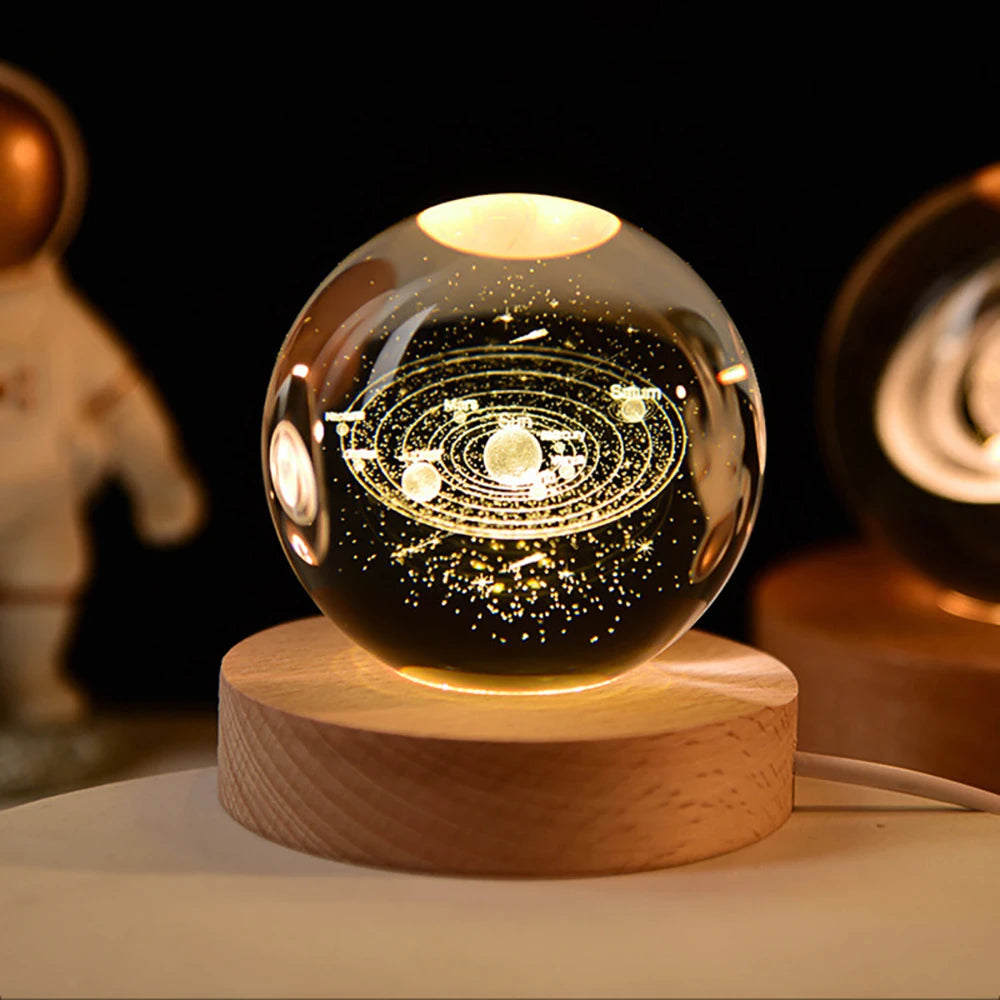 6cm 3D Crystal Ball Decoration 2024 Astronomy Solar System Planets Moon Astronaut LED Balls Home Snow Glass Globe Decorations