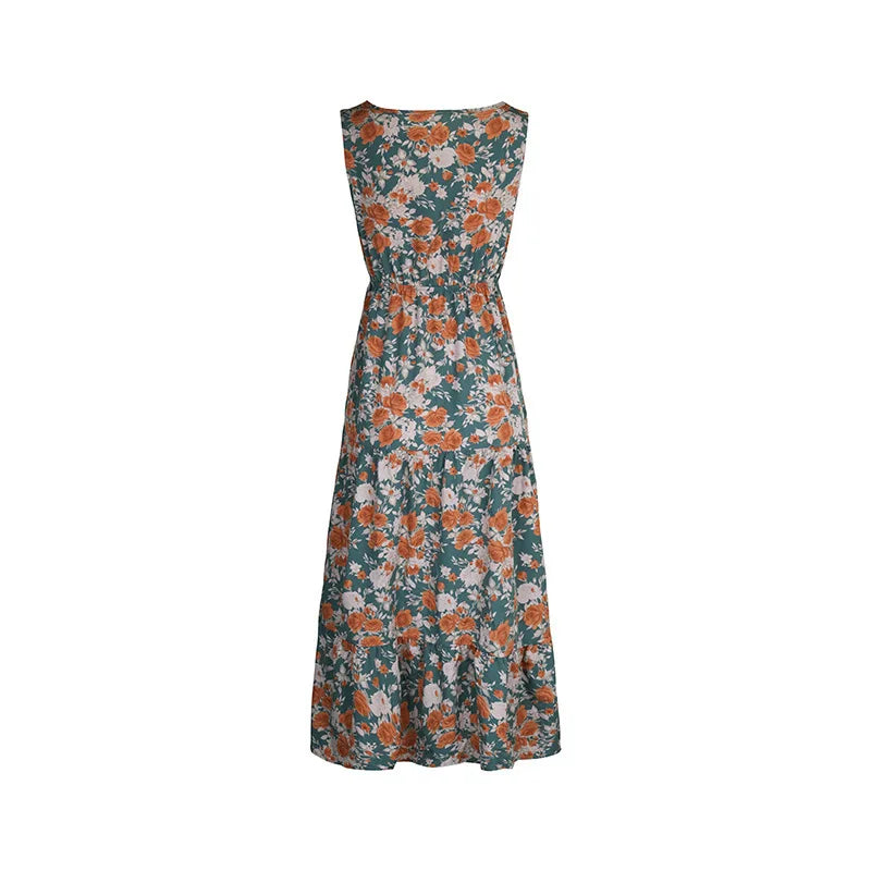 Elegant Floral Print Dress For Women Fashion Bohemian Style Sleeveless Button Vestidos Female Casual V-neck A-line Dresses
