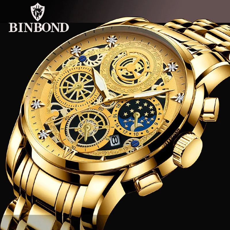 BINBOND Luxury Fashion Casual Quartz Men Watch Stainless Steel Strap Luxury Dial Luminous 30M Waterproof Business Men Wristwatch