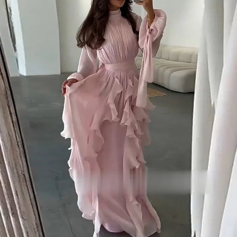 Women's Party Dresses Fashion High Waist Pleat Lady Casual High Collar Layered Banquet Dress Elegant Long Sleeve Evening Dress