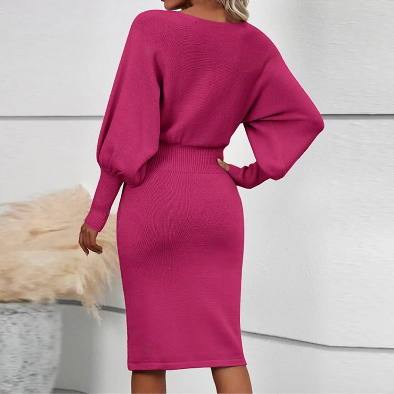 Women Dress Solid Color Knitted Dresses Woolen Round Neck Long Sleeved Waist Cinching Slimming Hip Hugging Midi Dress ropa mujer