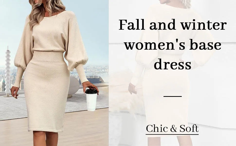 Women Dress Solid Color Knitted Dresses Woolen Round Neck Long Sleeved Waist Cinching Slimming Hip Hugging Midi Dress ropa mujer