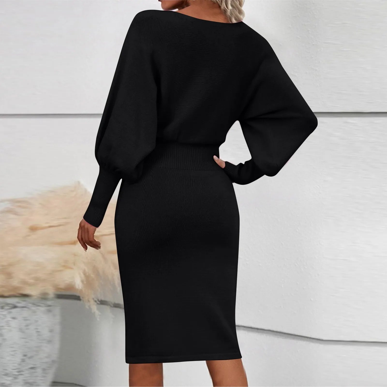 Women Dress Solid Color Knitted Dresses Woolen Round Neck Long Sleeved Waist Cinching Slimming Hip Hugging Midi Dress ropa mujer