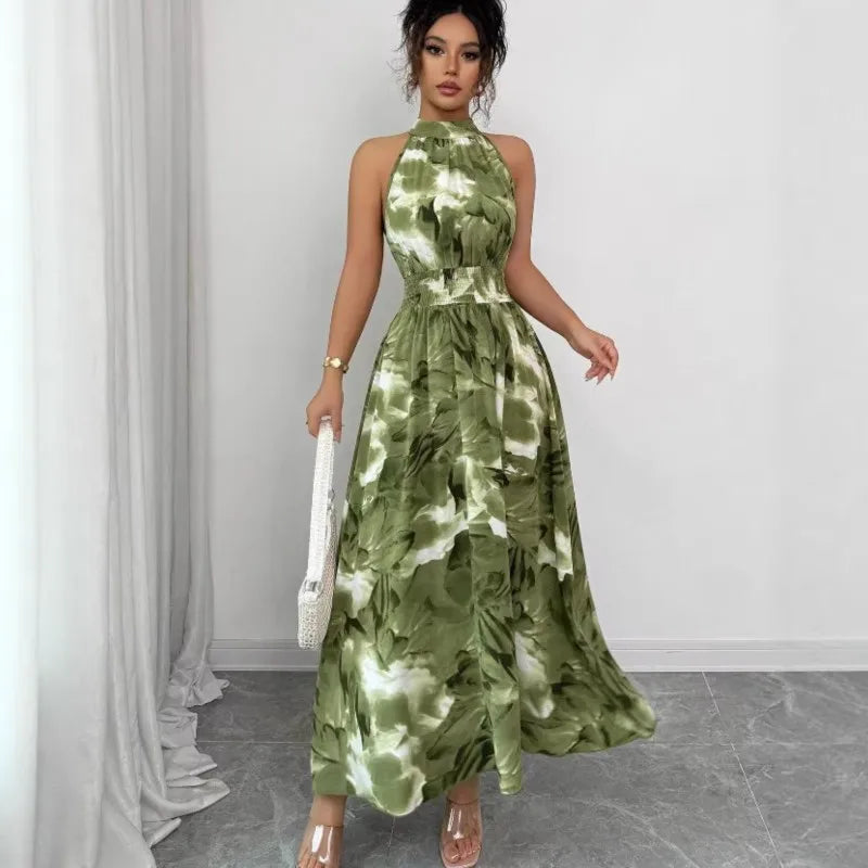 Women's Dress Fashion Print Spring Summer New Elegant Holiday Beach Dress Stand Collar Midi Sleeveless Dresses For Women Vestido