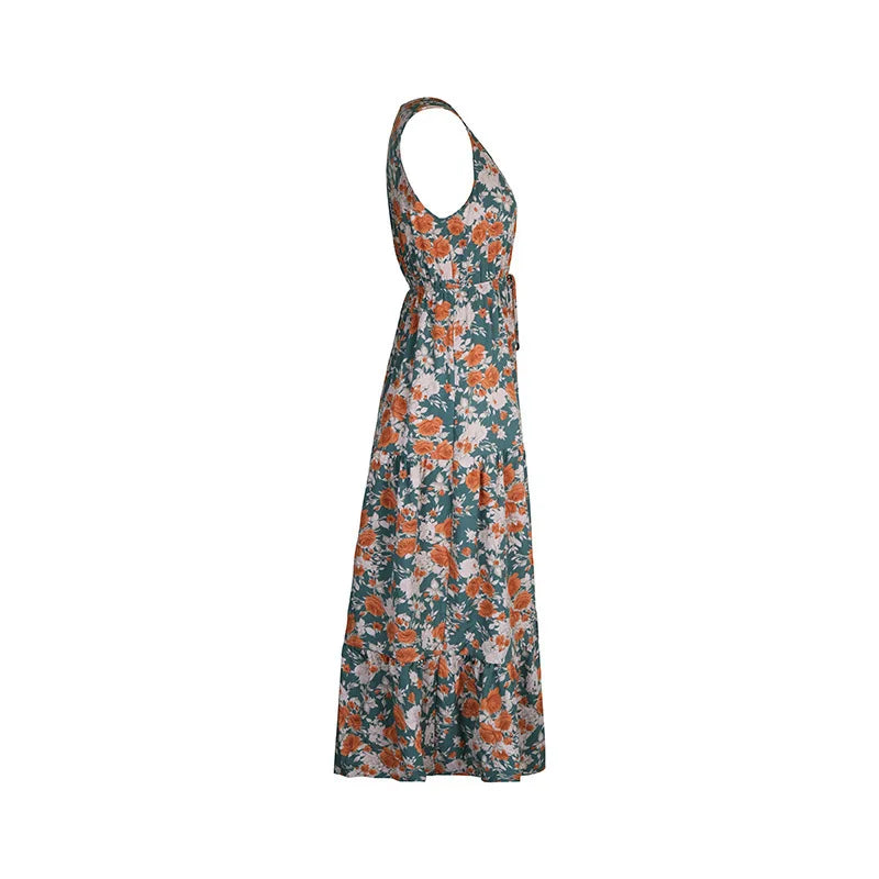 Elegant Floral Print Dress For Women Fashion Bohemian Style Sleeveless Button Vestidos Female Casual V-neck A-line Dresses