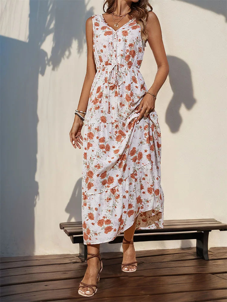 Elegant Floral Print Dress For Women Fashion Bohemian Style Sleeveless Button Vestidos Female Casual V-neck A-line Dresses