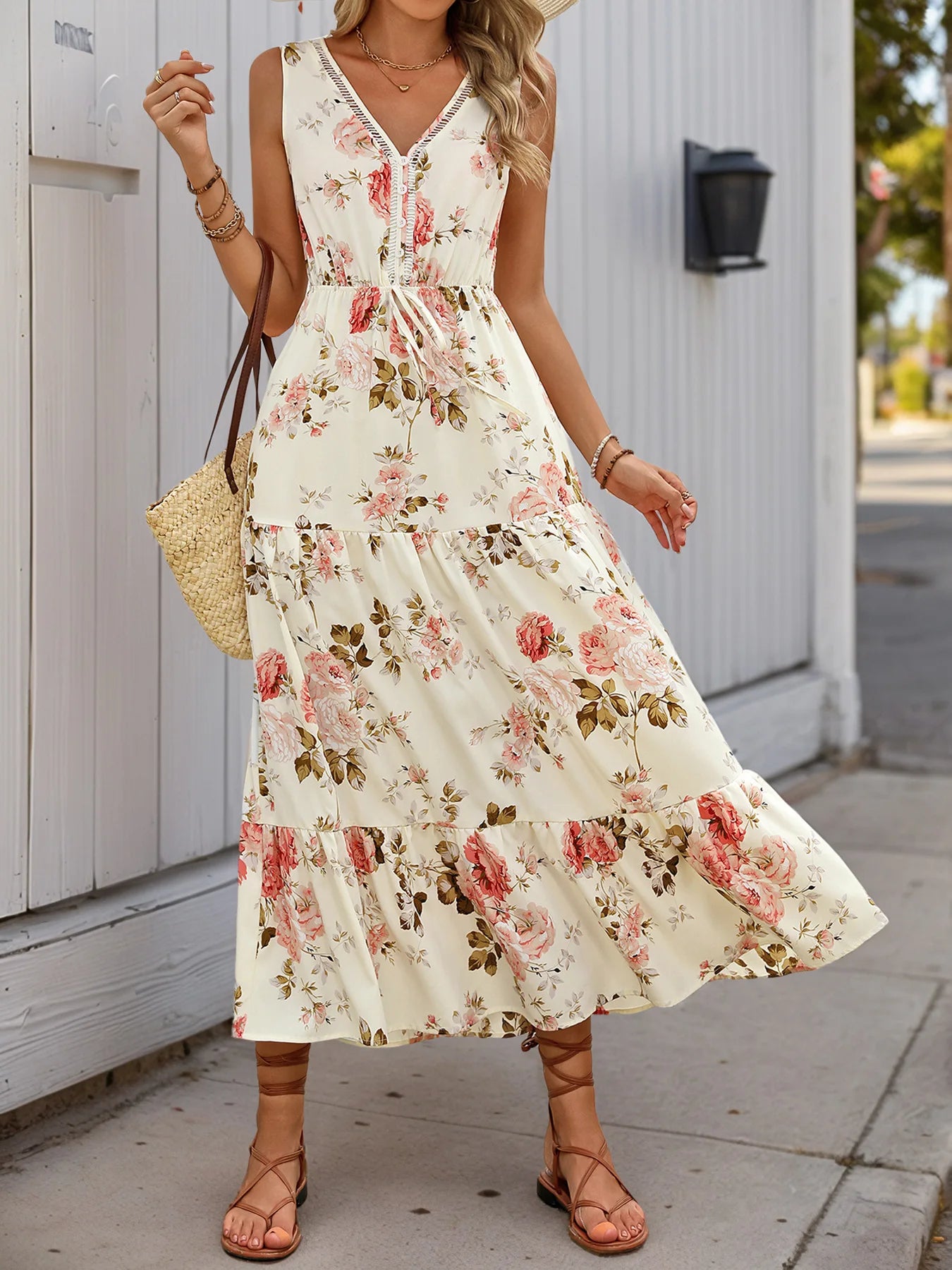 Elegant Floral Print Dress For Women Fashion Bohemian Style Sleeveless Button Vestidos Female Casual V-neck A-line Dresses