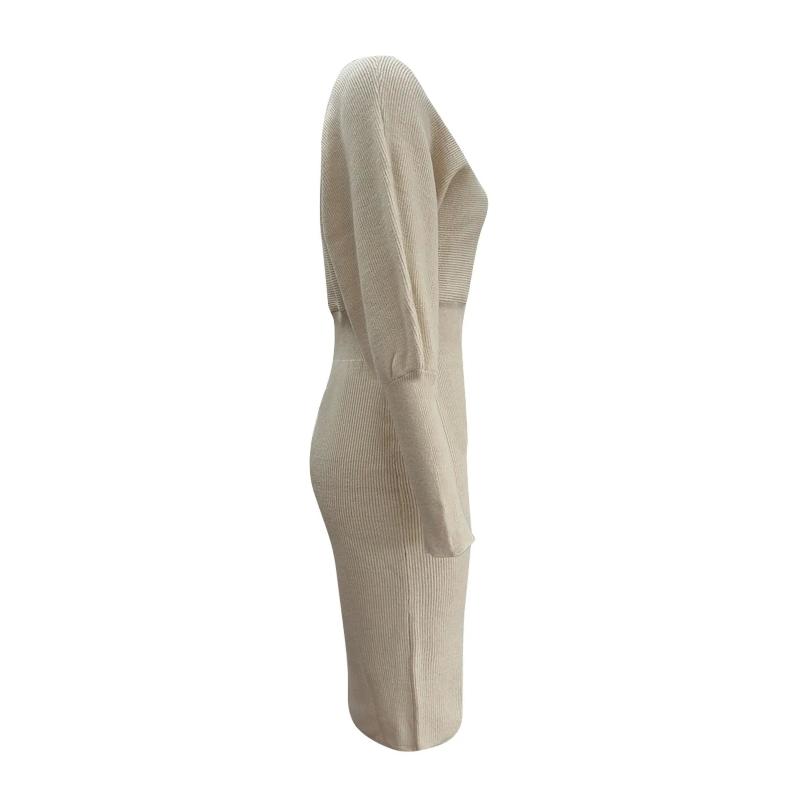 Women Dress Solid Color Knitted Dresses Woolen Round Neck Long Sleeved Waist Cinching Slimming Hip Hugging Midi Dress ropa mujer