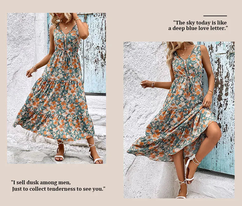 Elegant Floral Print Dress For Women Fashion Bohemian Style Sleeveless Button Vestidos Female Casual V-neck A-line Dresses