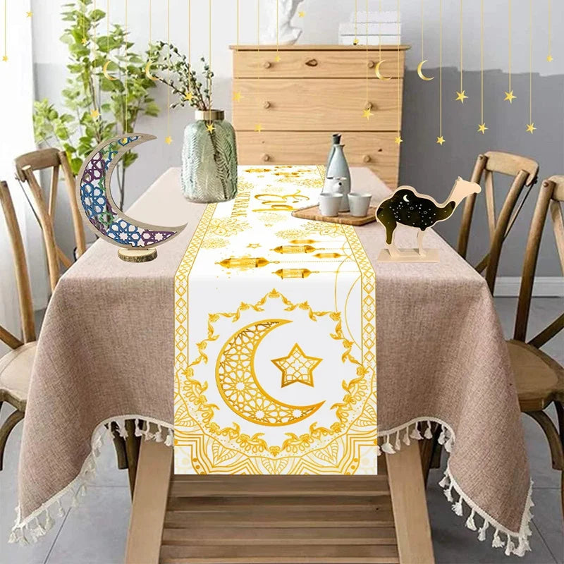 Ramadan Mubarak Star Moon Linen Table Runner Party Decor Reusable Eid Mubarak Kitchen Dining Table Runner Ramadan Decorations