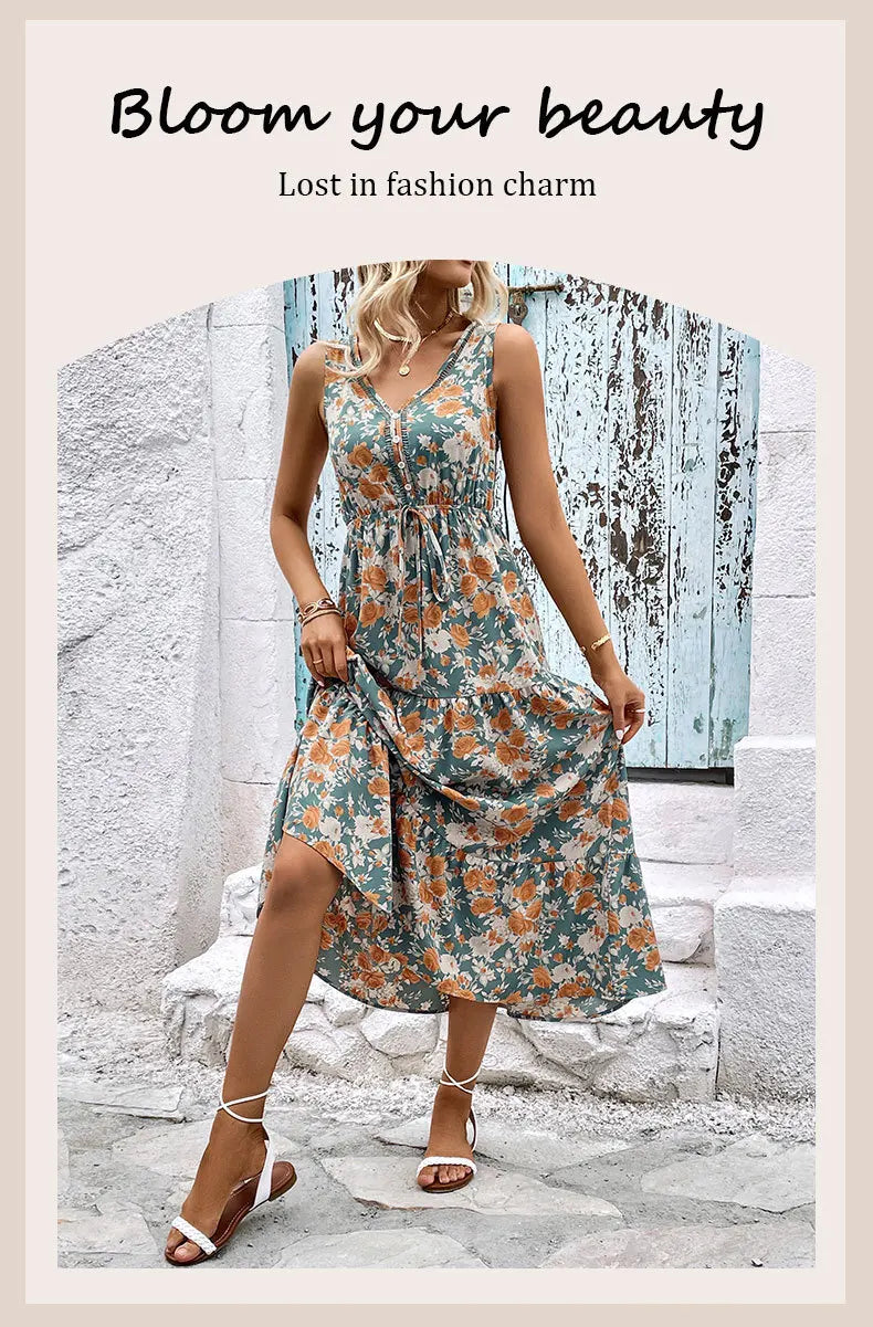 Elegant Floral Print Dress For Women Fashion Bohemian Style Sleeveless Button Vestidos Female Casual V-neck A-line Dresses