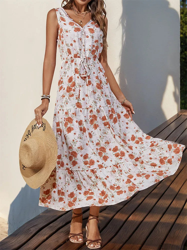 Elegant Floral Print Dress For Women Fashion Bohemian Style Sleeveless Button Vestidos Female Casual V-neck A-line Dresses