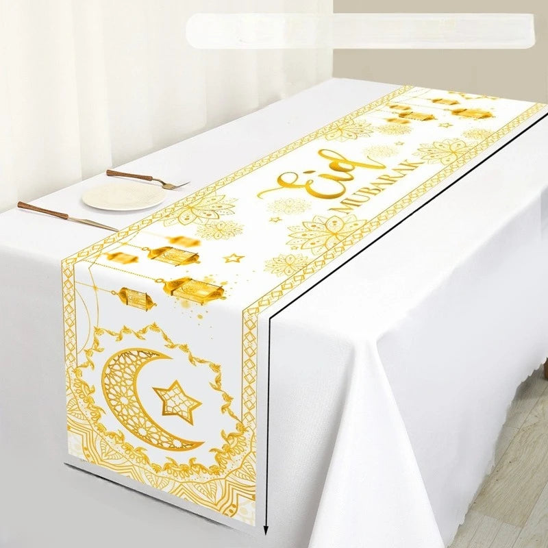 Ramadan Mubarak Star Moon Linen Table Runner Party Decor Reusable Eid Mubarak Kitchen Dining Table Runner Ramadan Decorations