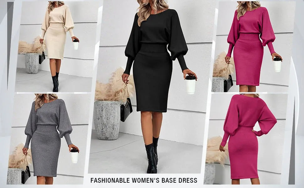 Women Dress Solid Color Knitted Dresses Woolen Round Neck Long Sleeved Waist Cinching Slimming Hip Hugging Midi Dress ropa mujer