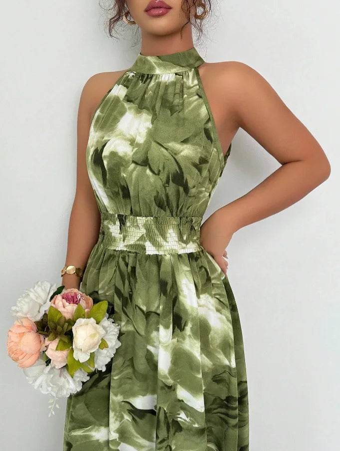 Women's Dress Fashion Print Spring Summer New Elegant Holiday Beach Dress Stand Collar Midi Sleeveless Dresses For Women Vestido