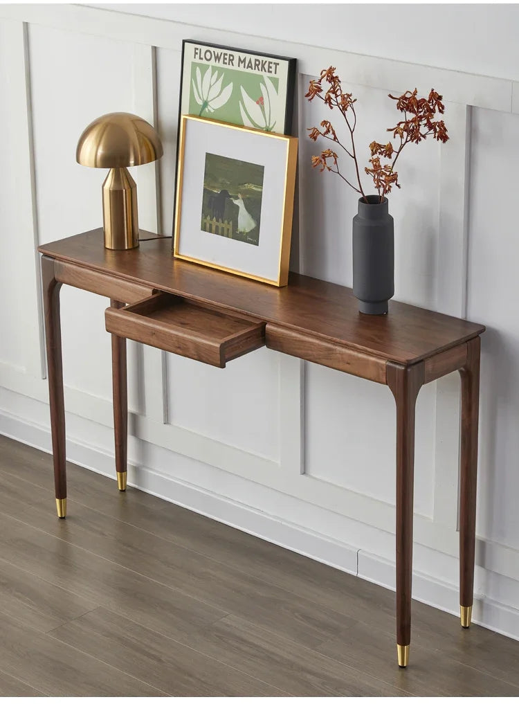 Nordic Black Walnut Solid Wood Console Table Luxury Entrance Drawer Narrow Table Living Room Wooden Cabinet Home Furniture