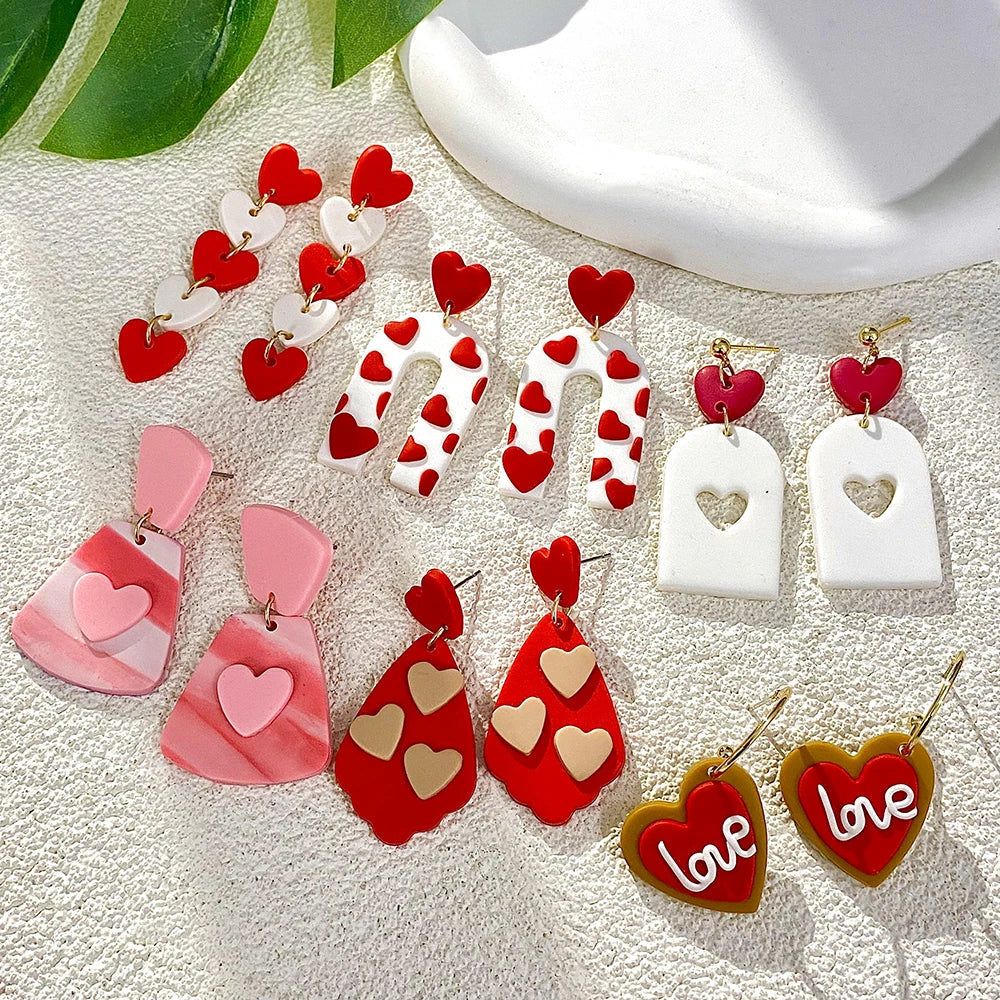 AENSOA Lightweight Sweet Red Pink Love Heart Lips Flower Polymer Clay Earrings for Women Girl Handmade Valentine's Day Jewelry