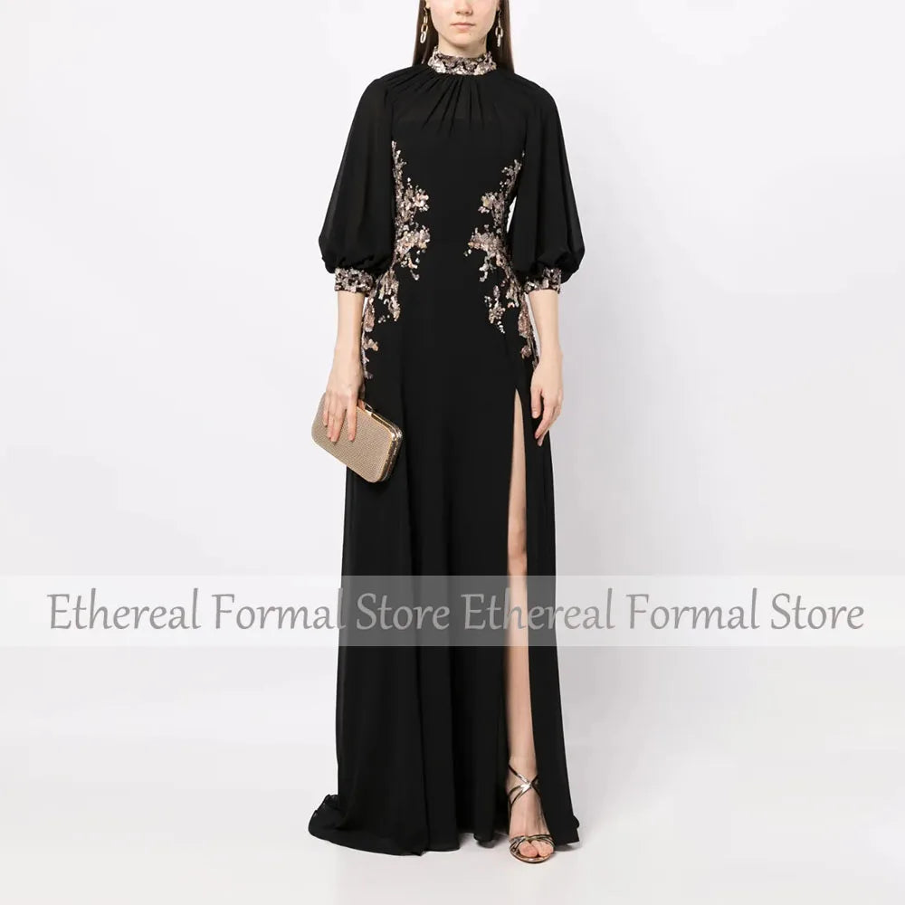 Modern Black Women's Evening Gown A Line Floor Length Formal Party Dress 3/4 Sleeves Saudi Dress Appliques Slit Prom Dress
