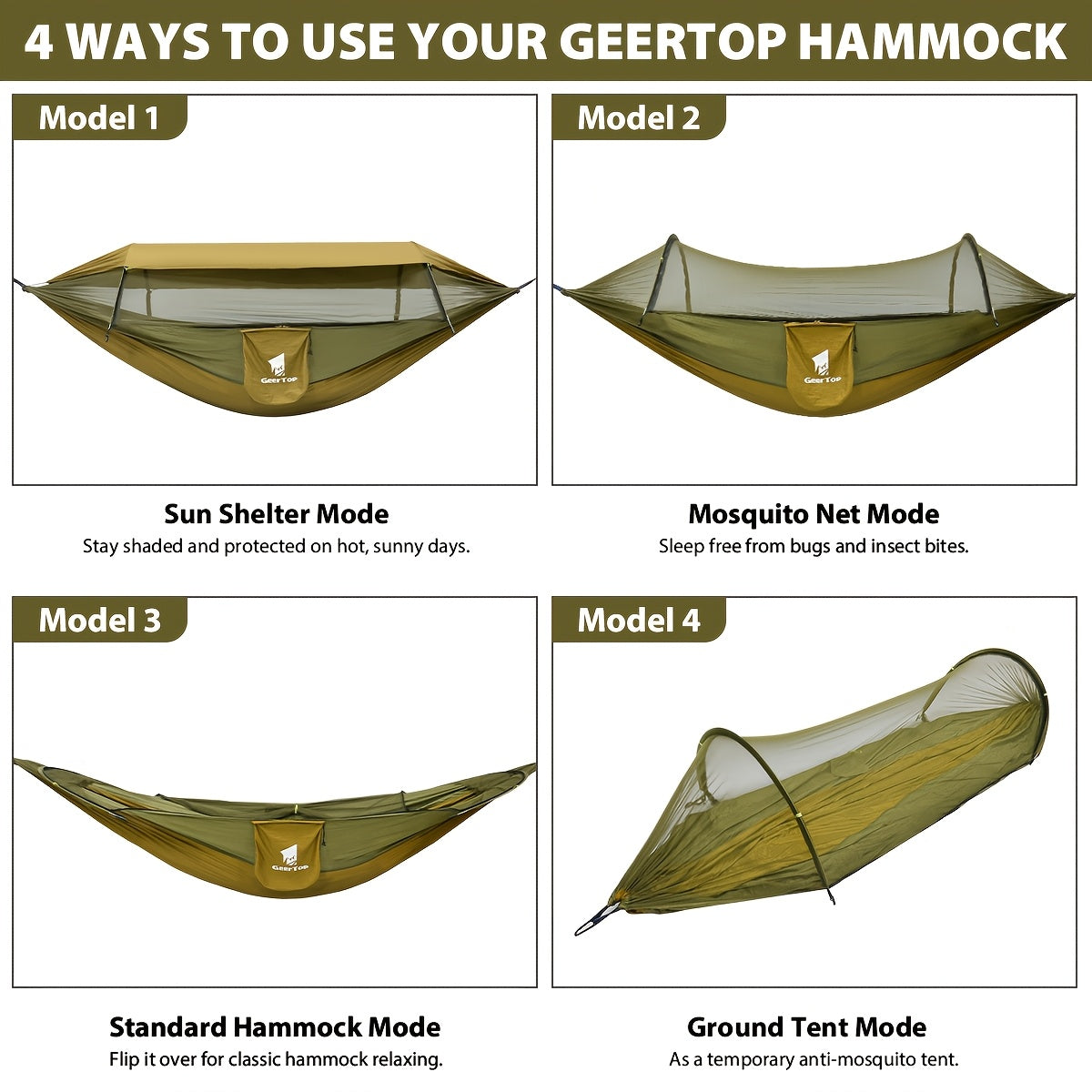 GEERTOP 3in 1 Outdoor Hammock with Mosquito Net Sun Shelter, Double Sleep Rest Camping Hammock for Backpacking Travel Garden Park