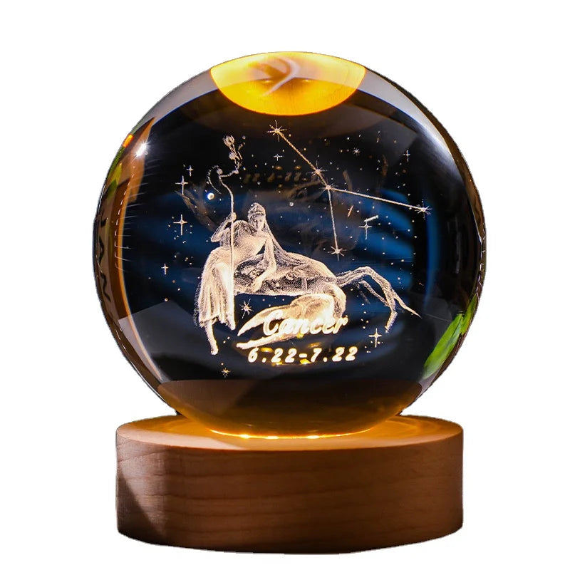 12 Constellations 12 Zodiac Signs 6cm 8cm Solar System Moon Saturn Planet Sphere 3D Laser Engraved Crystal Ball LED Light