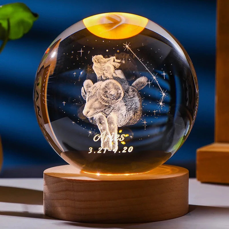 12 Constellations 12 Zodiac Signs 6cm 8cm Solar System Moon Saturn Planet Sphere 3D Laser Engraved Crystal Ball LED Light