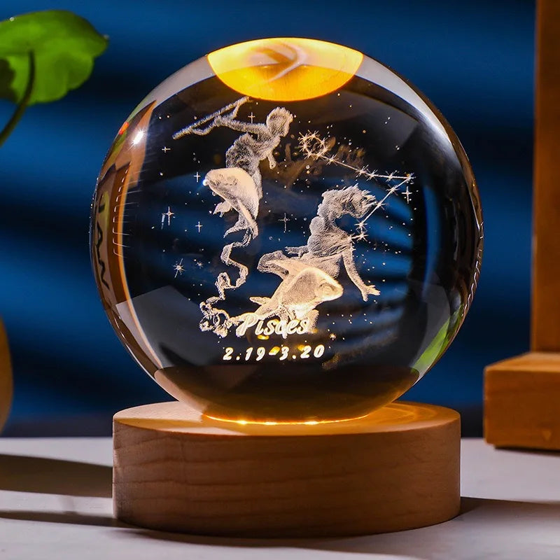 12 Constellations 12 Zodiac Signs 6cm 8cm Solar System Moon Saturn Planet Sphere 3D Laser Engraved Crystal Ball LED Light