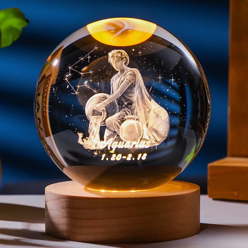 12 Constellations 12 Zodiac Signs 6cm 8cm Solar System Moon Saturn Planet Sphere 3D Laser Engraved Crystal Ball LED Light