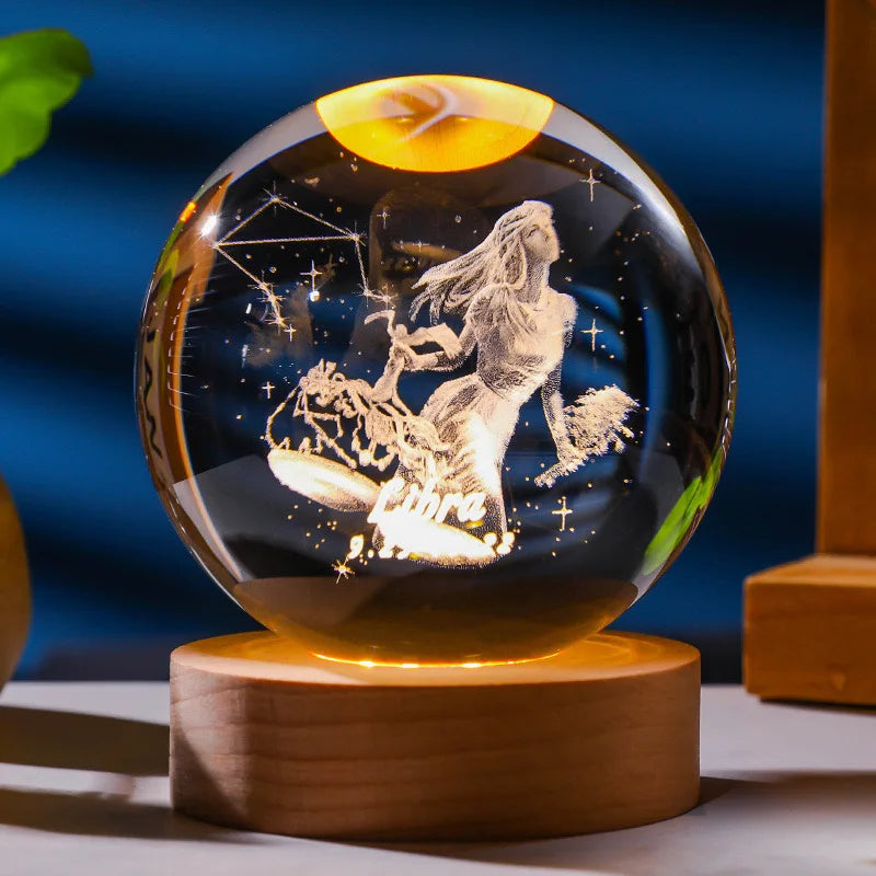 12 Constellations 12 Zodiac Signs 6cm 8cm Solar System Moon Saturn Planet Sphere 3D Laser Engraved Crystal Ball LED Light