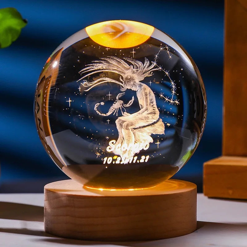 12 Constellations 12 Zodiac Signs 6cm 8cm Solar System Moon Saturn Planet Sphere 3D Laser Engraved Crystal Ball LED Light