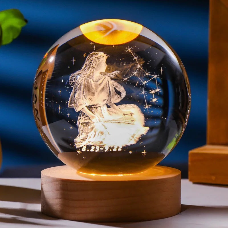 12 Constellations 12 Zodiac Signs 6cm 8cm Solar System Moon Saturn Planet Sphere 3D Laser Engraved Crystal Ball LED Light