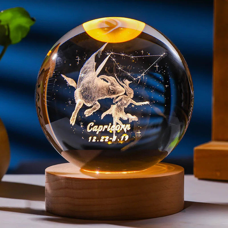 12 Constellations 12 Zodiac Signs 6cm 8cm Solar System Moon Saturn Planet Sphere 3D Laser Engraved Crystal Ball LED Light