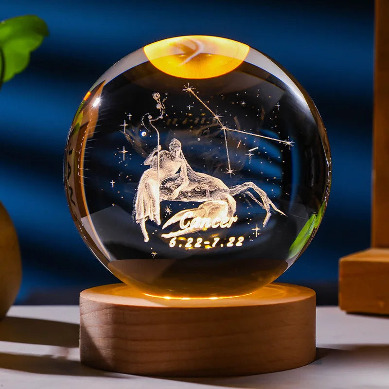 12 Constellations 12 Zodiac Signs 6cm 8cm Solar System Moon Saturn Planet Sphere 3D Laser Engraved Crystal Ball LED Light