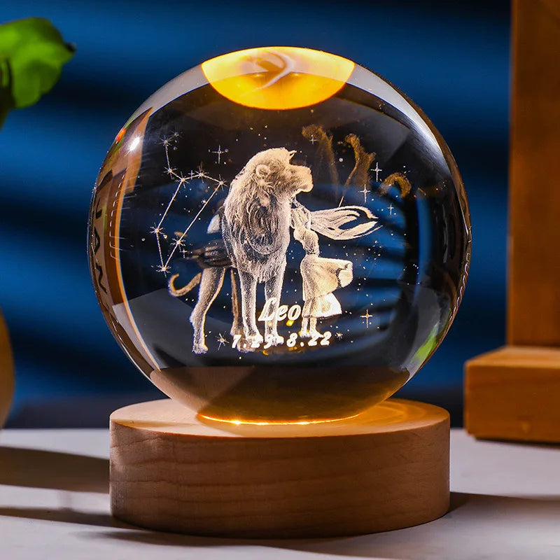 12 Constellations 12 Zodiac Signs 6cm 8cm Solar System Moon Saturn Planet Sphere 3D Laser Engraved Crystal Ball LED Light
