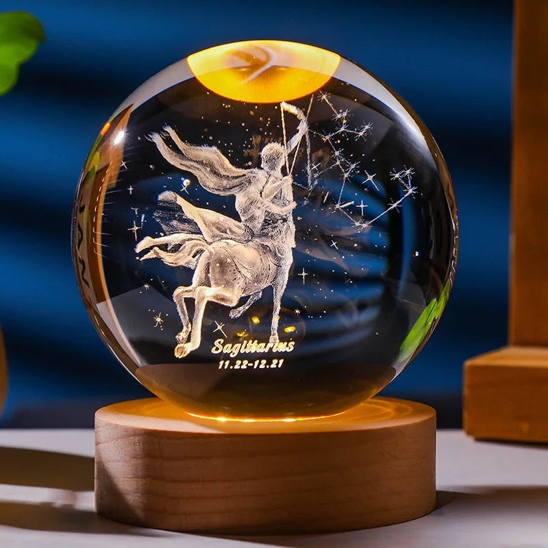 12 Constellations 12 Zodiac Signs 6cm 8cm Solar System Moon Saturn Planet Sphere 3D Laser Engraved Crystal Ball LED Light