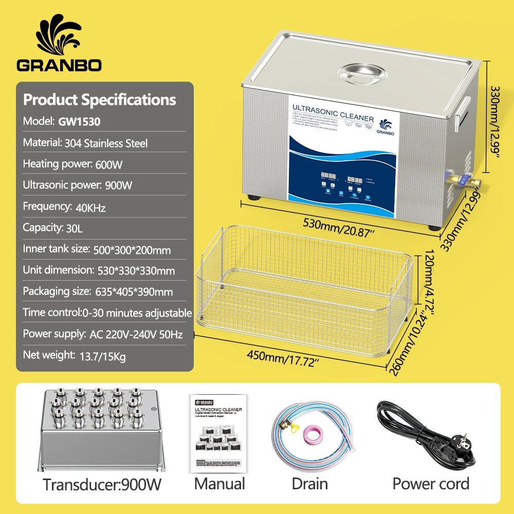 Granbosonic 30L Ultrasonic Cleaner 600W-900W 40KHz Cleanig Machine Digital Heater Degas Semiwave for Car Engine Soft Steak Lab