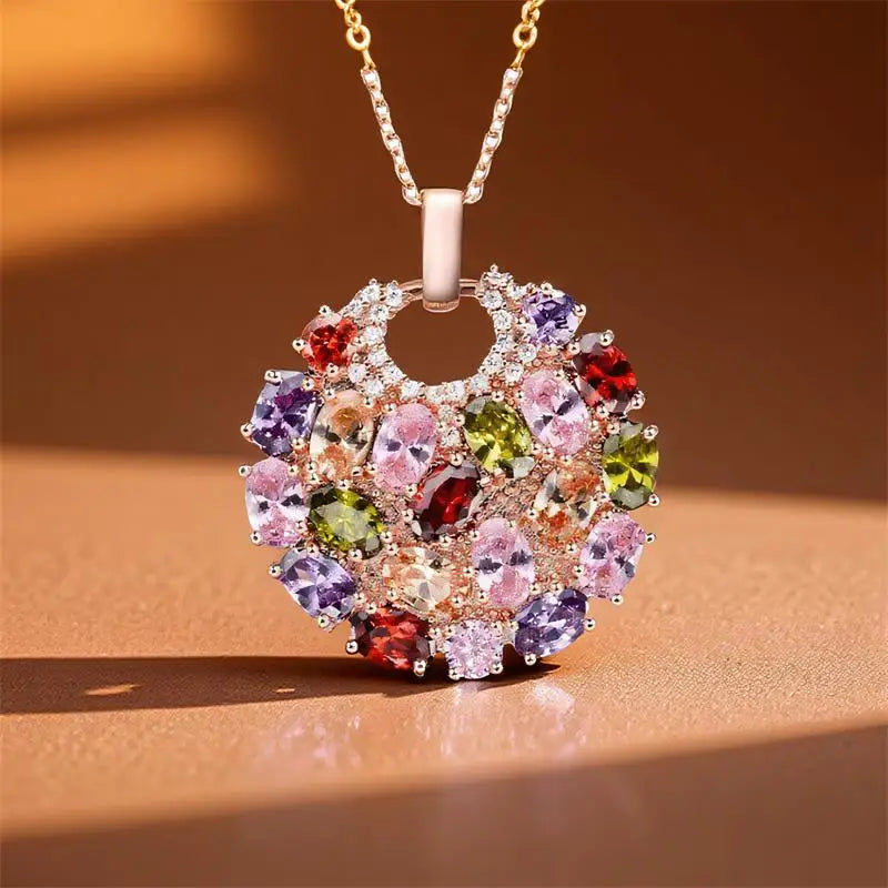 Big Flower Multicolor Crystal Oval Stone Pendant Necklaces For Women Vintage Rose Gold Color Chain Jewelry Valentine's Day Gifts