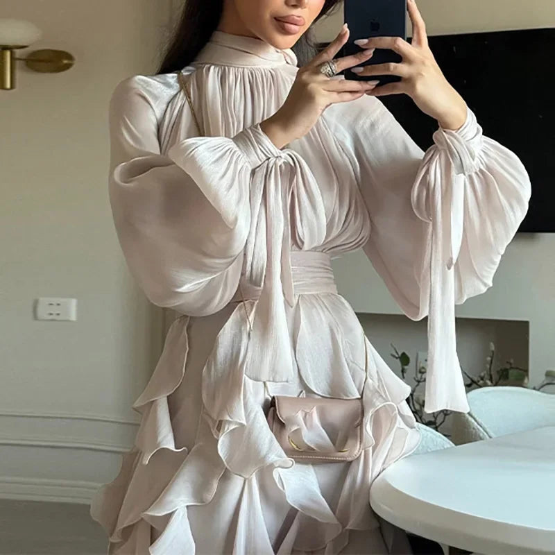 Women's Party Dresses Fashion High Waist Pleat Lady Casual High Collar Layered Banquet Dress Elegant Long Sleeve Evening Dress